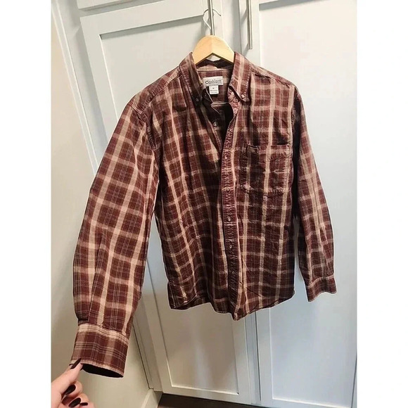 Vtg Carhartt Long Sleeve Maroon Tan Plaid Button Down 100% Cotton Men's Sz M - Picture 1 of 9
